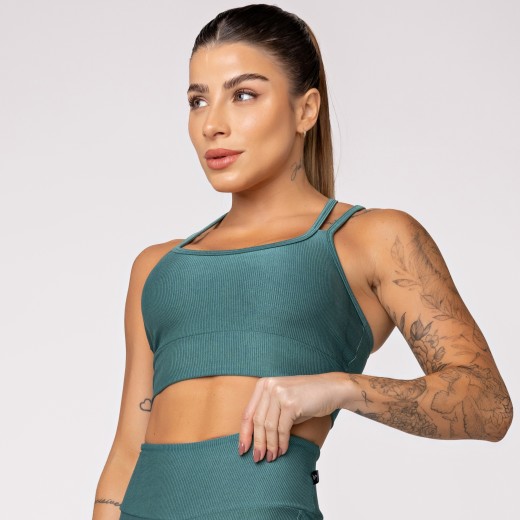 Top Fitness Canelado com Alças Duplas Verde Galápagos