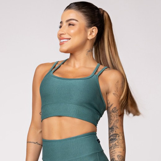 Top Fitness Canelado com Alças Duplas Verde Galápagos