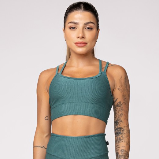 Top Fitness Canelado com Alças Duplas Verde Galápagos