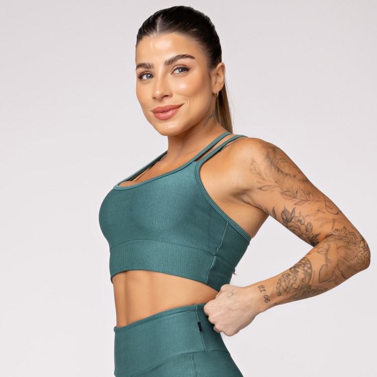 Top Fitness Canelado com Alças Duplas Verde Galápagos
