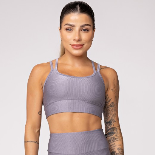 Top Fitness Canelado com Alças Duplas Cinza