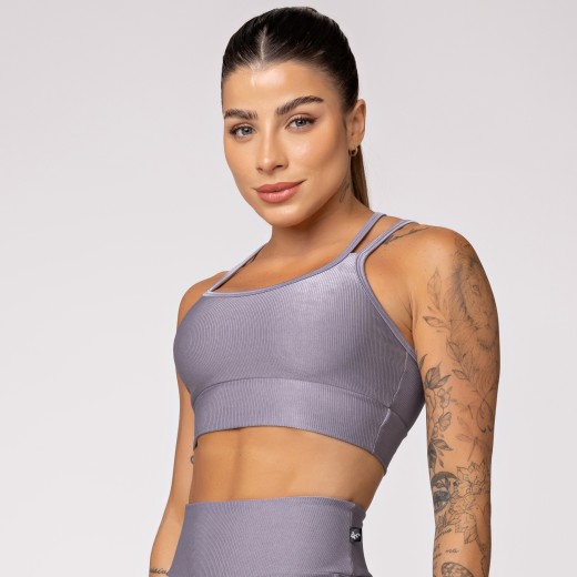 Top Fitness Canelado com Alças Duplas Cinza