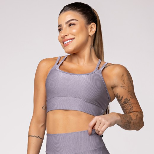 Top Fitness Canelado com Alças Duplas Cinza