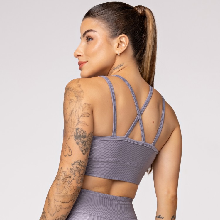 Top Fitness Canelado com Alças Duplas Cinza