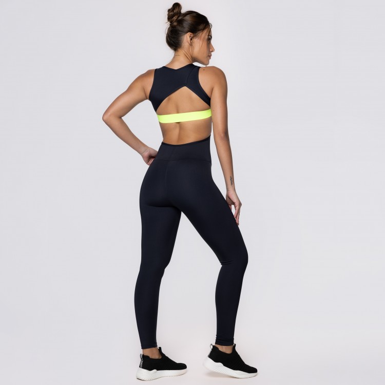 Macacão Fitness Assimétrico Poliamida com Elástico Amarelo Neon