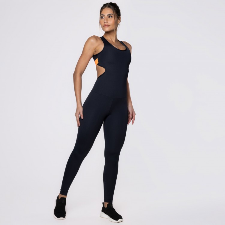 Macacão Fitness Assimétrico Poliamida com Elástico Laranja Neon
