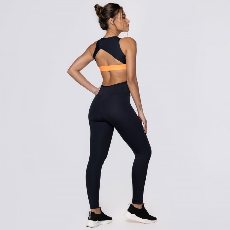 Macacão Fitness Assimétrico Poliamida com Elástico Laranja Neon