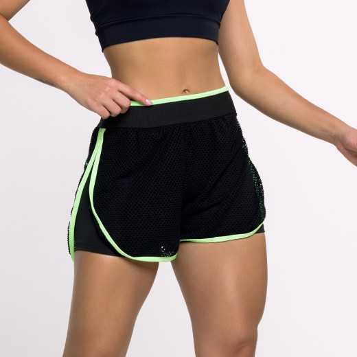 Short Fitness Preto com Tela e Viés Verde Neon