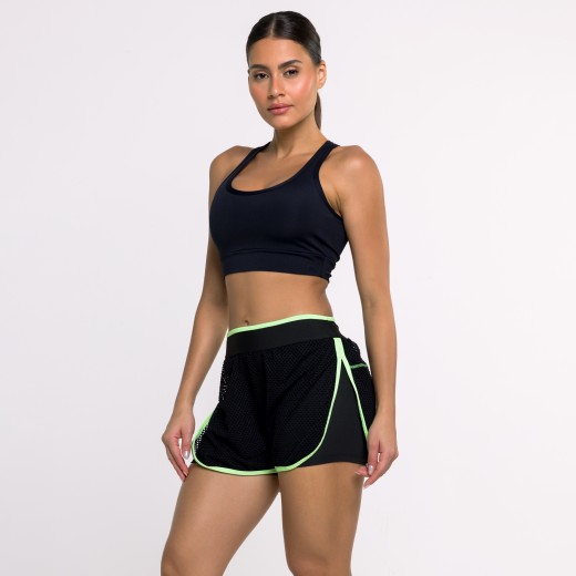 Short Fitness Preto com Tela e Viés Verde Neon