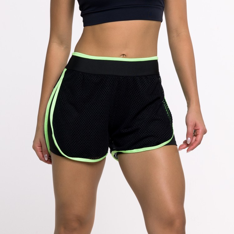 Short Fitness Preto com Tela e Viés Verde Neon