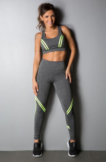 Conjunto Fitness Calça e Top Rajado com Vivo Verde