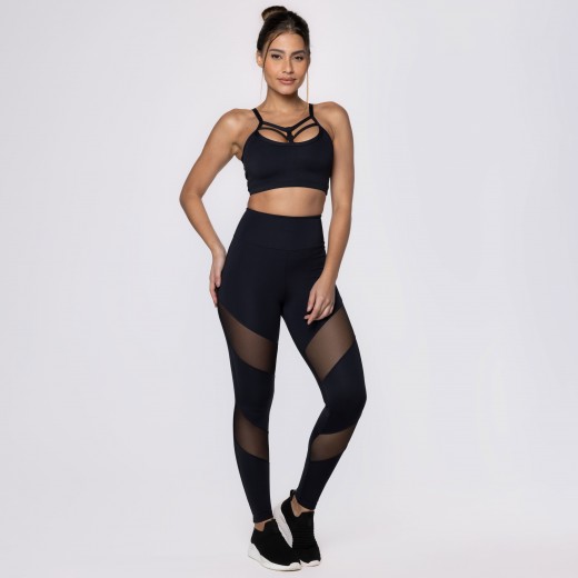Calça Legging Poliamida Preta com Recortes em Tule