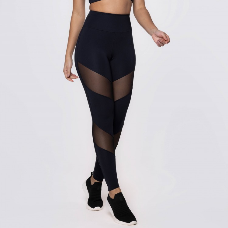 Calça Legging Poliamida Preta com Recortes em Tule