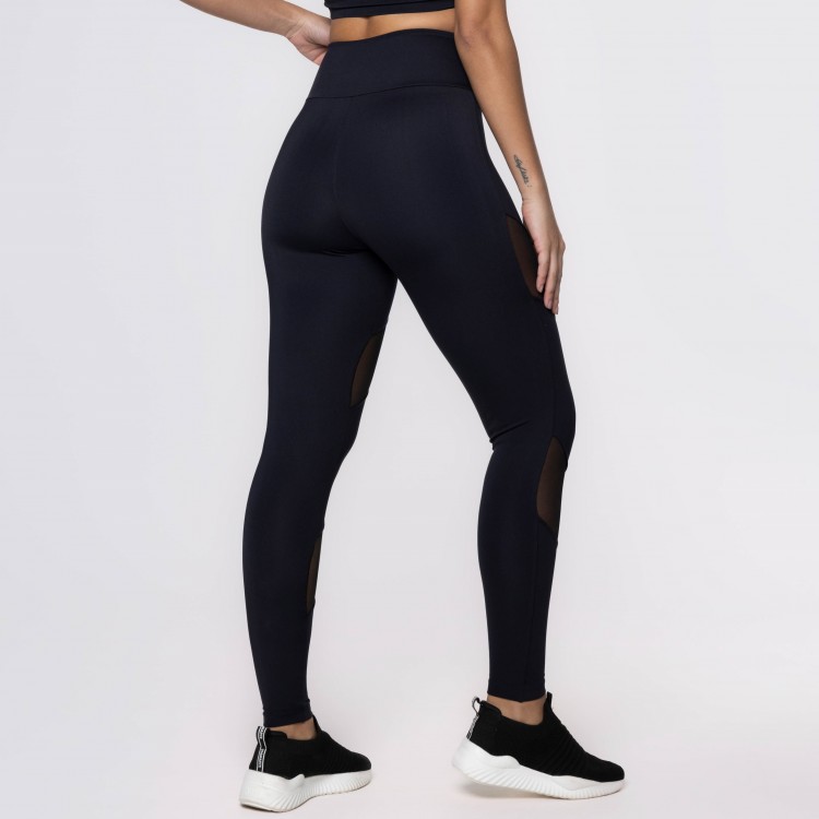 Calça Legging Poliamida Preta com Recortes em Tule