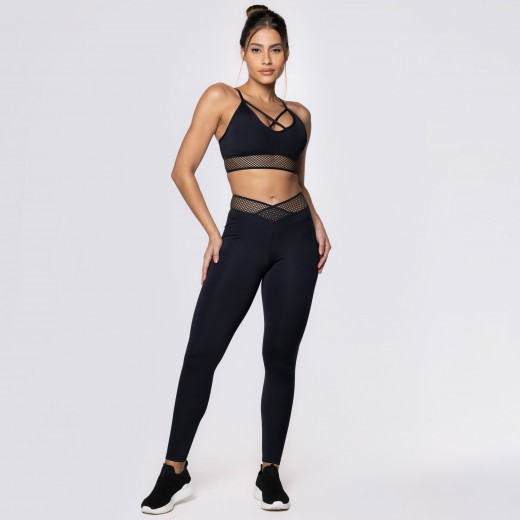 Calça Legging Preta com Cós Transpassado Elástico Sport