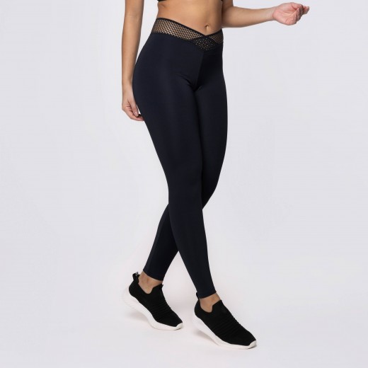 Calça Legging Preta com Cós Transpassado Elástico Sport