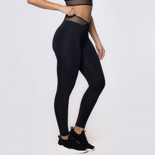 Calça Legging Preta com Cós Transpassado Elástico Sport