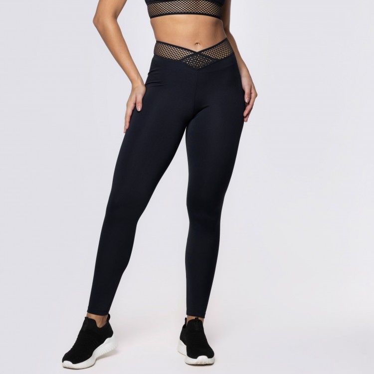 Calça Legging Preta com Cós Transpassado Elástico Sport