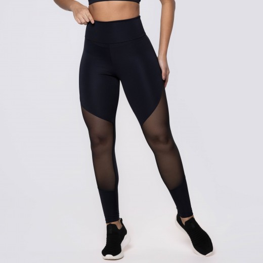 Calça Legging Preta Poliamida com Recortes em Tule
