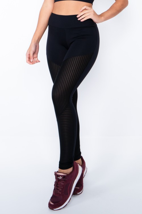 Legging Recorte em Tule Canelado Preta