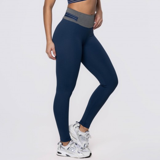 Calça Legging Poliamida Azul Marinho com Cós Mescla