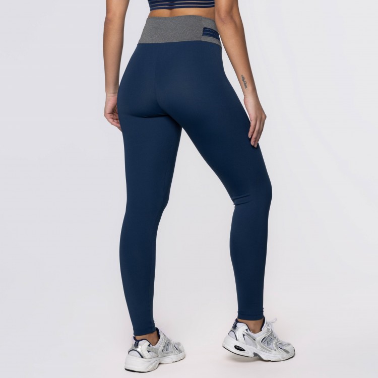 Calça Legging Poliamida Azul Marinho com Cós Mescla