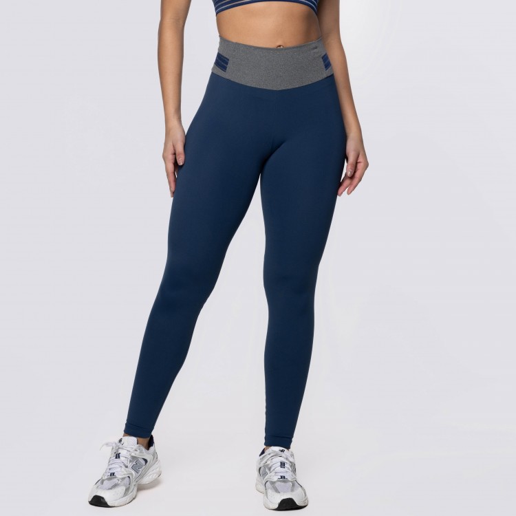 Calça Legging Poliamida Azul Marinho com Cós Mescla
