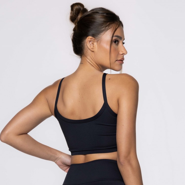 Top Fitness Preto Poliamida com Tiras Strappy
