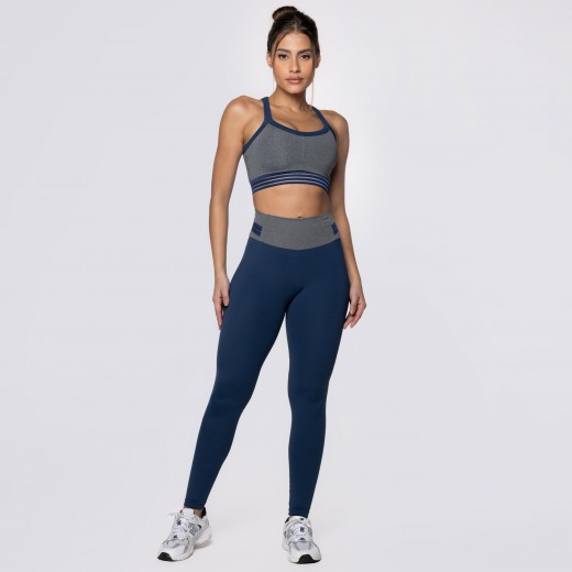 Top Fitness Cinza Mescla com Elástico Azul Marinho
