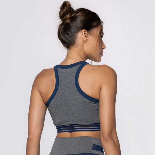 Top Fitness Cinza Mescla com Elástico Azul Marinho