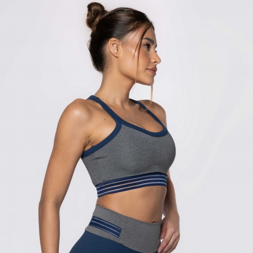 Top Fitness Cinza Mescla com Elástico Azul Marinho