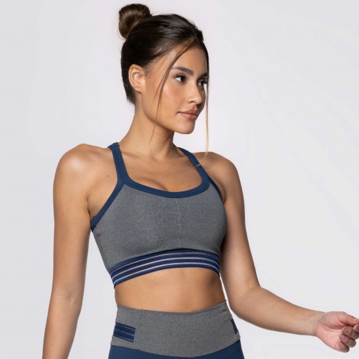 Top Fitness Cinza Mescla com Elástico Azul Marinho