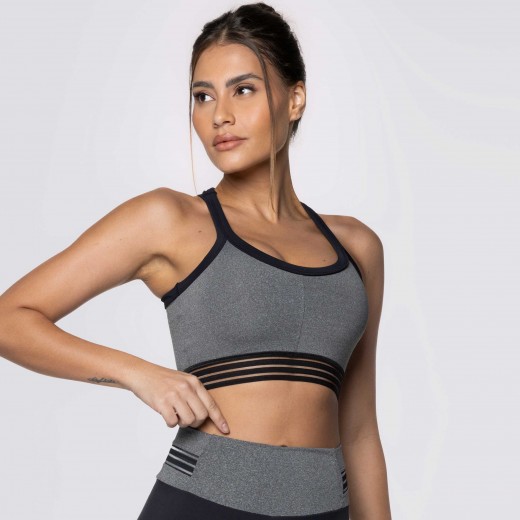 Top Fitness Cinza Mescla com Elástico Preto