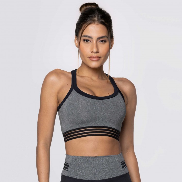 Top Fitness Cinza Mescla com Elástico Preto