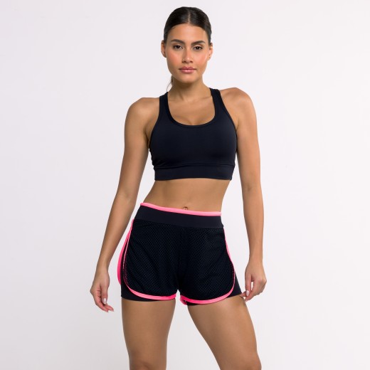 Short Fitness Preto com Tela e Viés Rosa Neon