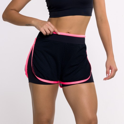 Short Fitness Preto com Tela e Viés Rosa Neon