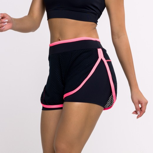 Short Fitness Preto com Tela e Viés Rosa Neon