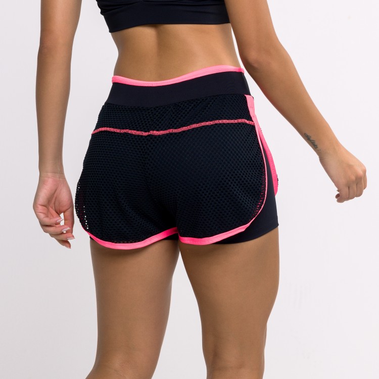 Short Fitness Preto com Tela e Viés Rosa Neon