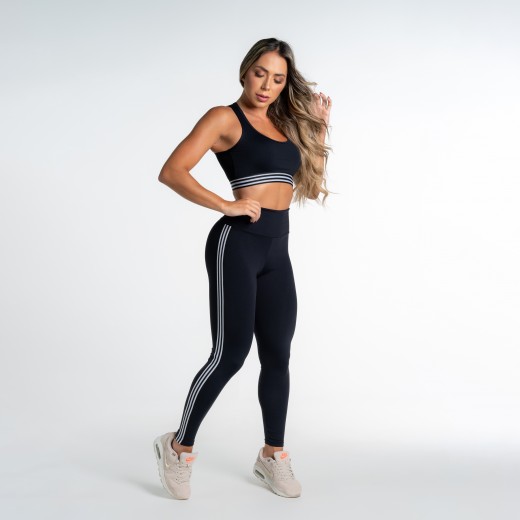 Calça Legging Poliamida Preta com Elástico Frisos