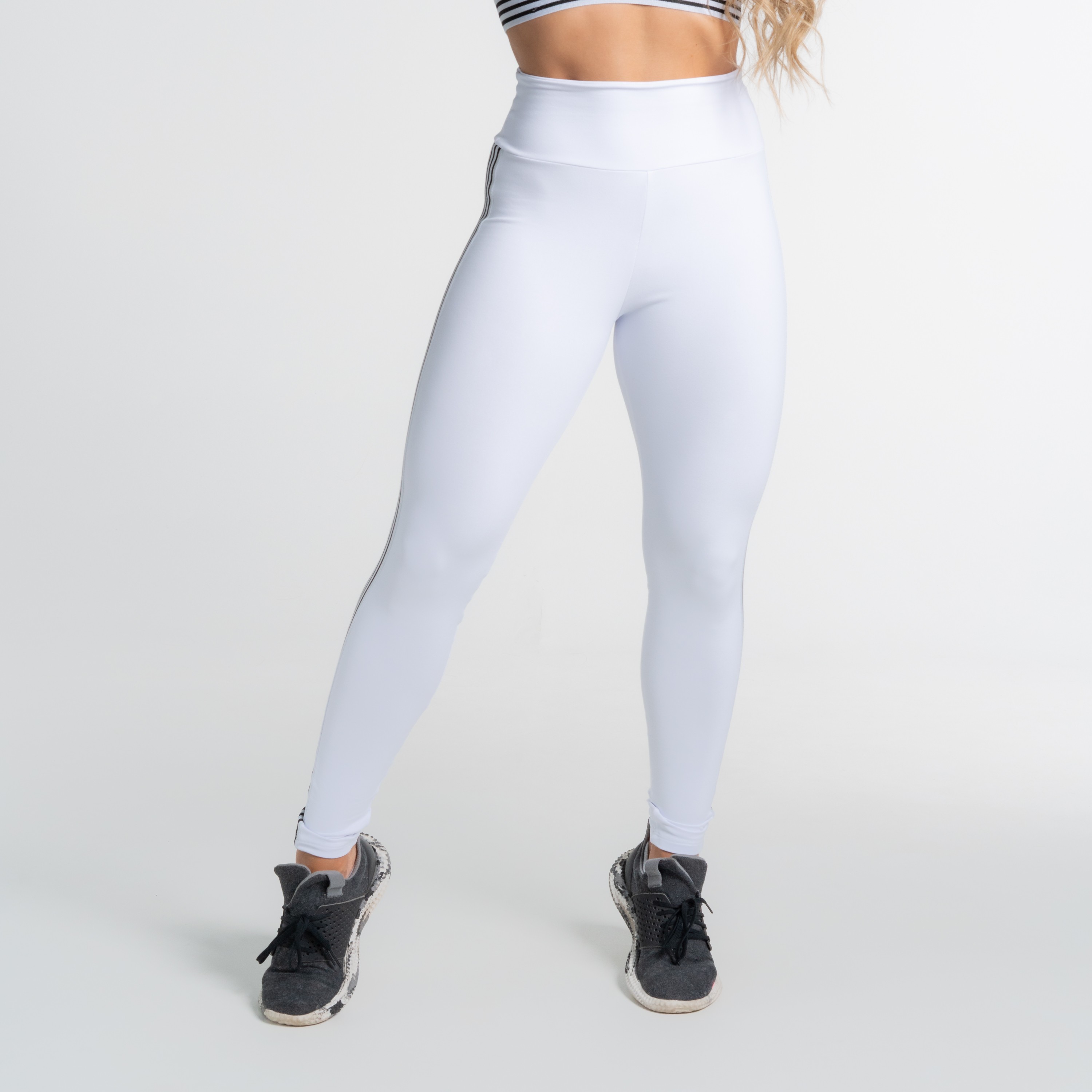 Calça legging energy poliamida branca com elástico colorido