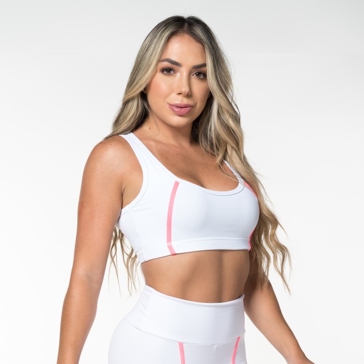 Top Fitness Branco com Chapado Rosa Neon