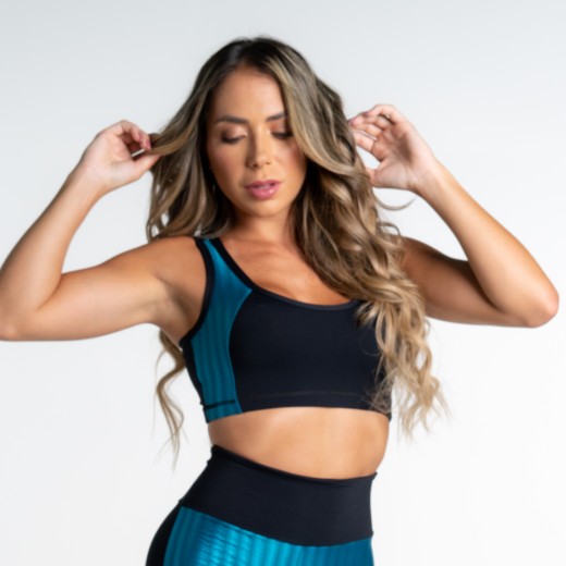Top Fitness Preto e Recorte com Zig Brilho Azul