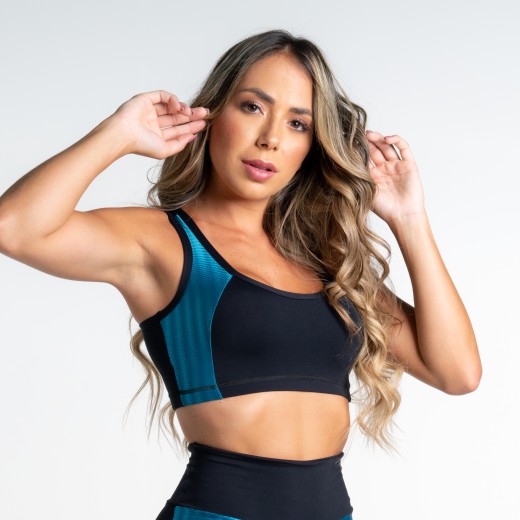 Top Fitness Preto e Recorte com Zig Brilho Azul