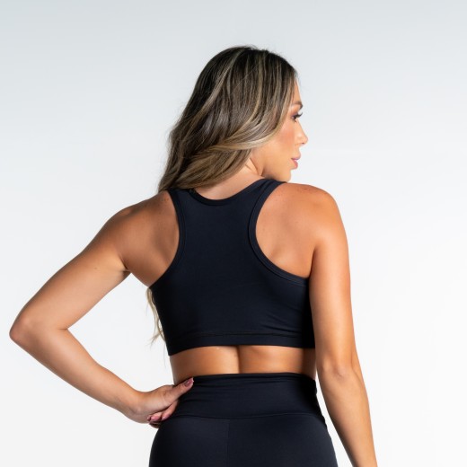 Top Fitness Preto e Recorte com Zig Brilho Azul