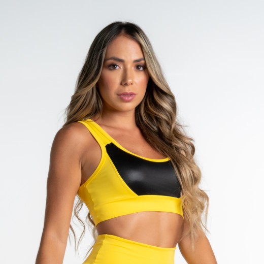 Top Fitness Apple Amarelo com Recortes em Cirrê Preto