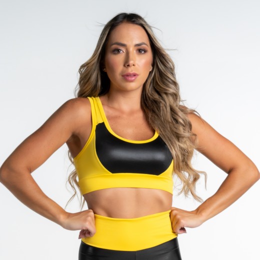 Top Fitness Apple Amarelo com Recortes em Cirrê Preto