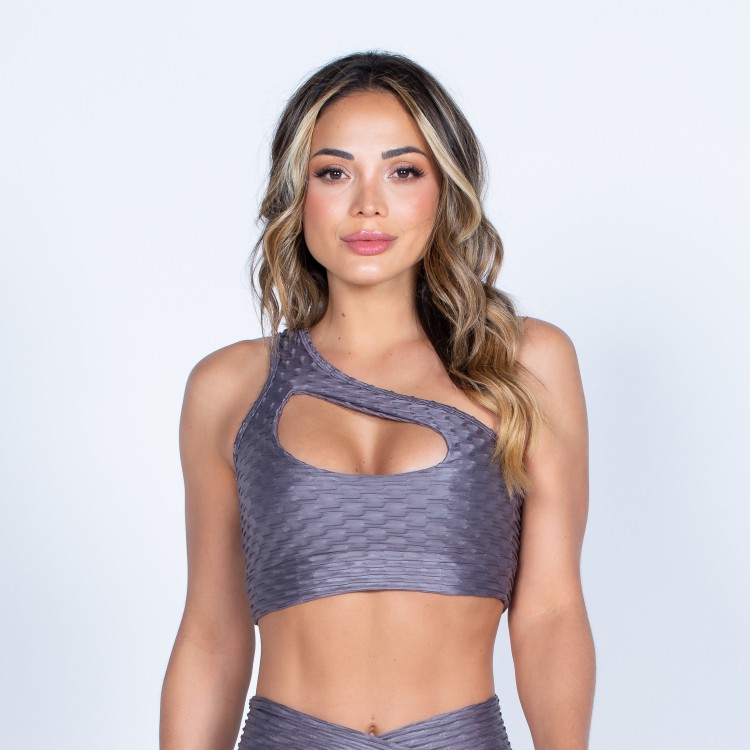 Top Fitness um Ombro Só Flyer Cirrê Alto Relevo Grafite