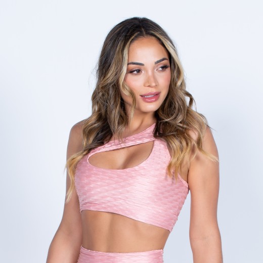 Top Fitness um Ombro Só Cirrê Alto Relevo Rosê