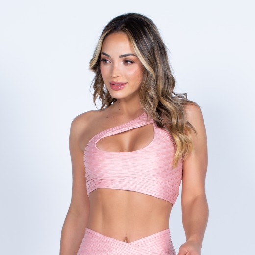 Top Fitness um Ombro Só Cirrê Alto Relevo Rosê