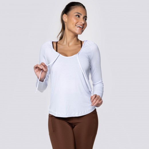 Blusa Manga Longa e Capuz Fitness Branca